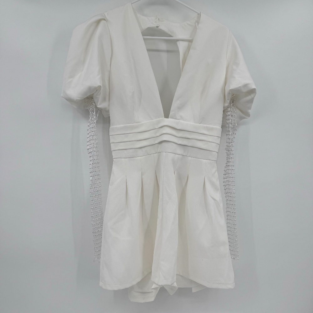 Blithe LA Romper Women Small NEW White Long Sleeve Rhinestone Wedding Low V-Neck